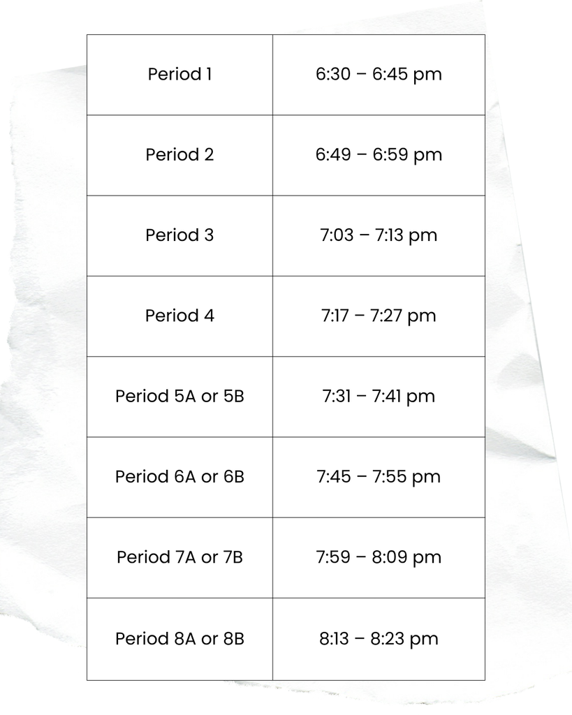 A table displays a schedule with nine periods, each with a unique identifier and corresponding time range.