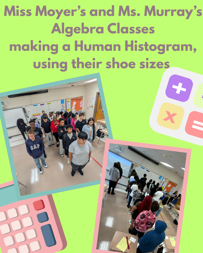 Two images of students in a classroom, one standing in line and another seated. Text overlay reads "Algebra Classes making a Human Histogram, using their shoe sizes."