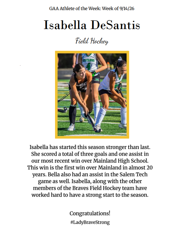 An article with a photo of three players in a field hockey game. Isabella DeSantis is recognized as Athlete of the Week.