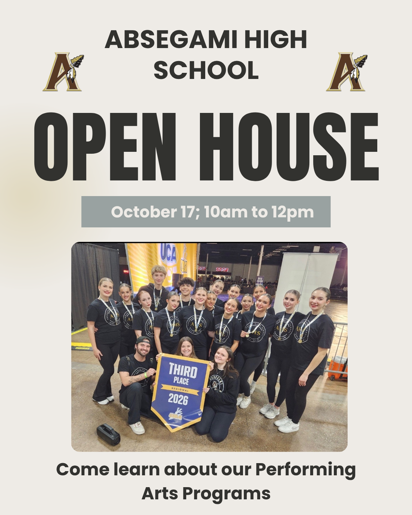 Flyer with "Absegami High School Open House" at top. Photo shows students in black shirts holding a plaque.