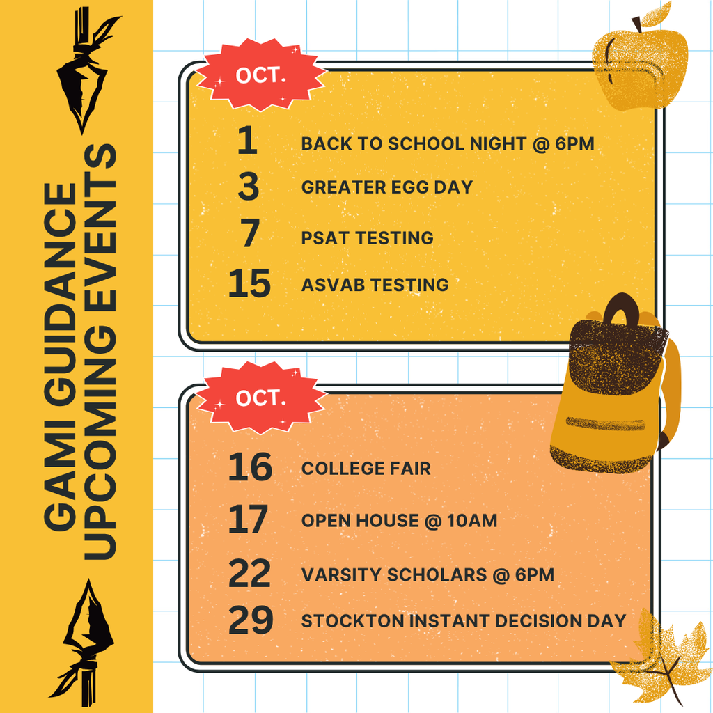 A yellow grid displays upcoming events for October. Dates are listed with events like "Back to School Night" and "College Fair." A backpack and apple are nearby.