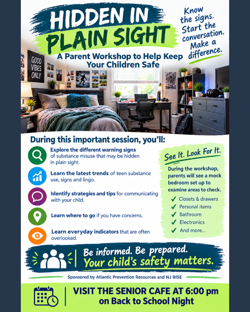 A workshop flyer titled "Hidden in Plain Sight" shows a bedroom with a bed and desk. It highlights a session for parents on keeping children safe.