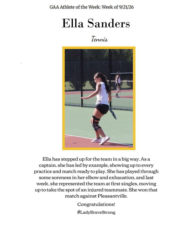 A framed image of a tennis player with knee brace, heading text reads "Ella Sanders" and "Tennis" with date 9/21/26. Caption highlights her leadership and match victory.