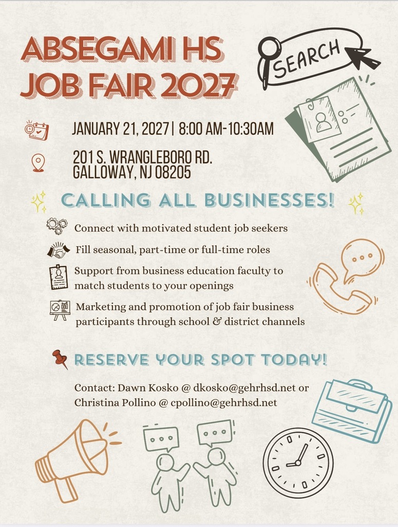 A flyer for Absegami HS Job Fair 2027, on January 21, 2027, from 8 AM to 10:30 AM. Contact information provided.