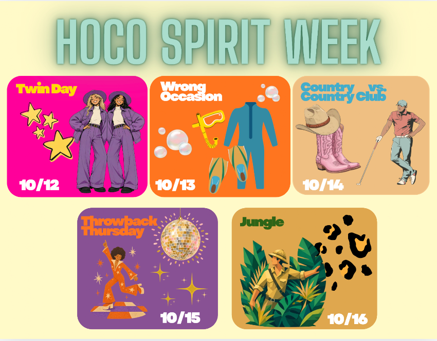 A chart displays six events for HOCO Spirit Week with each event showing a date and an icon.