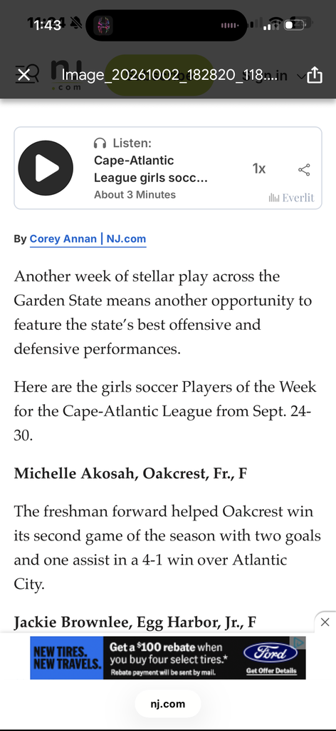 NJ.COM Girls Soccer, Player of the Week 