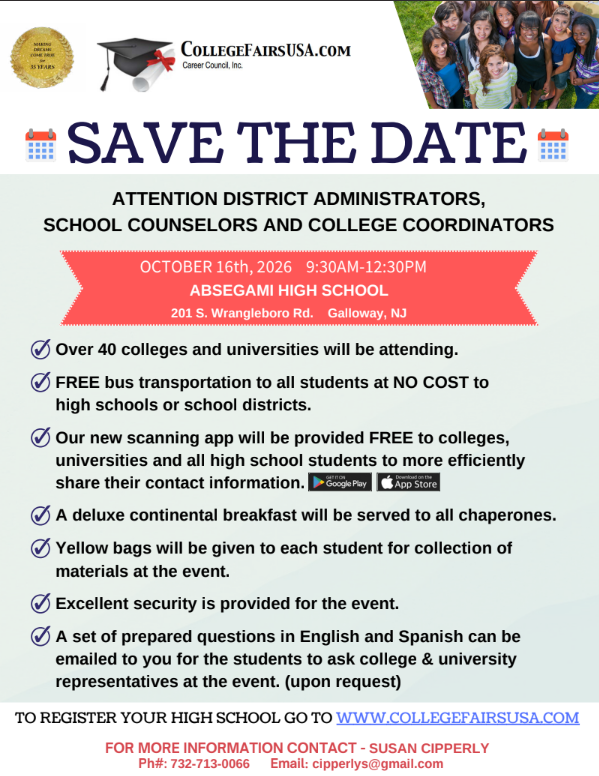 Event flyer with text "SAVE THE DATE" and information about a college fair. Details include date, time, location, transportation, breakfast, security, and contact details.