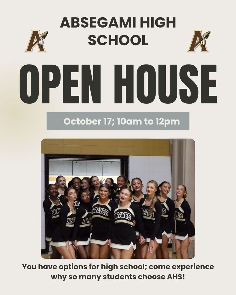 An invitation for Open House at Absegami High School, showing a photo of a cheerleading team with a blurred school building in the background.