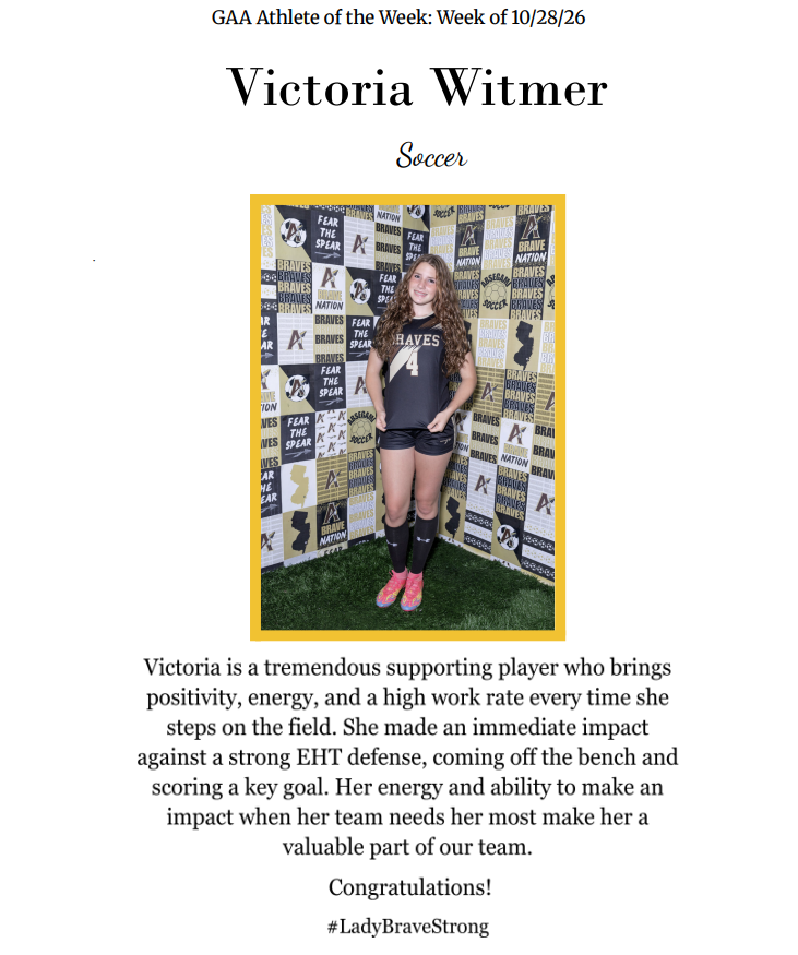 A woman stands in a colorful collage with "GAA Athlete of the Week" and "Victoria Witmer" text. She wears a black jersey, shorts, and pink socks.