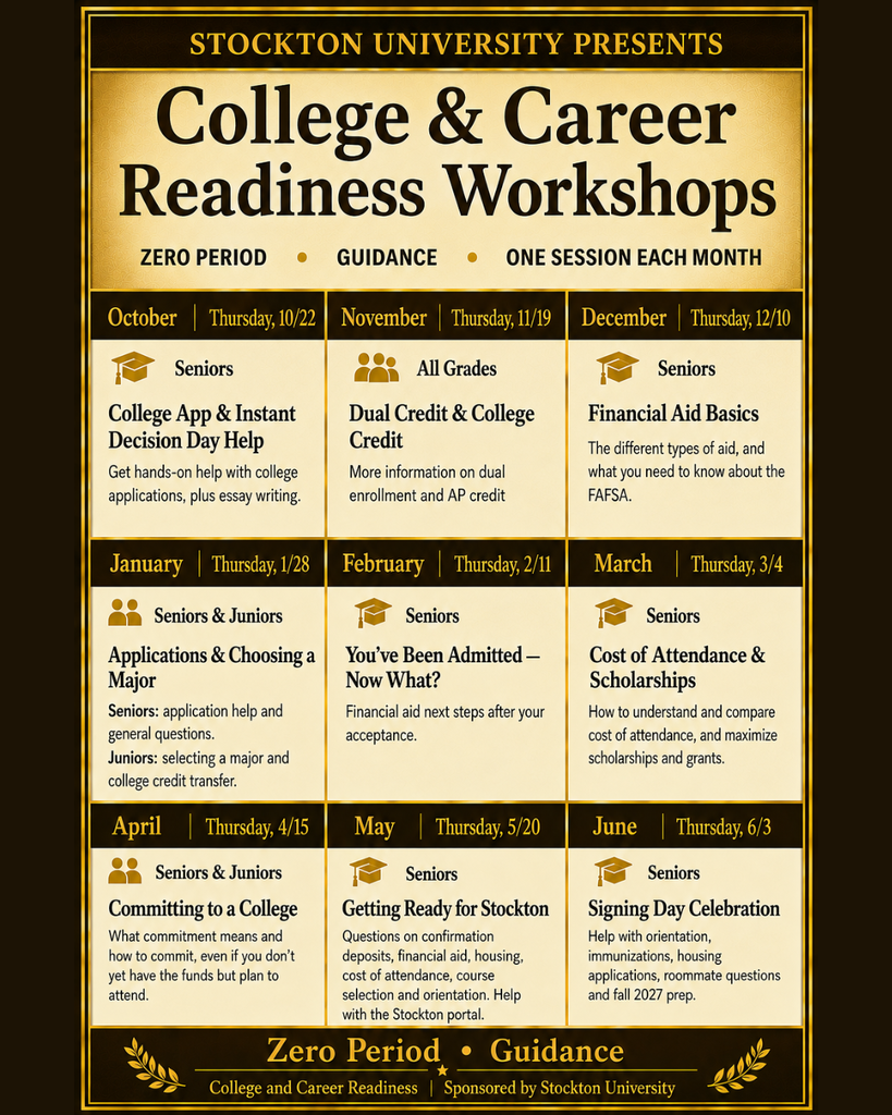 A poster lists monthly workshops for college and career readiness, with topics such as financial aid basics, choosing a major, and signing day celebration.