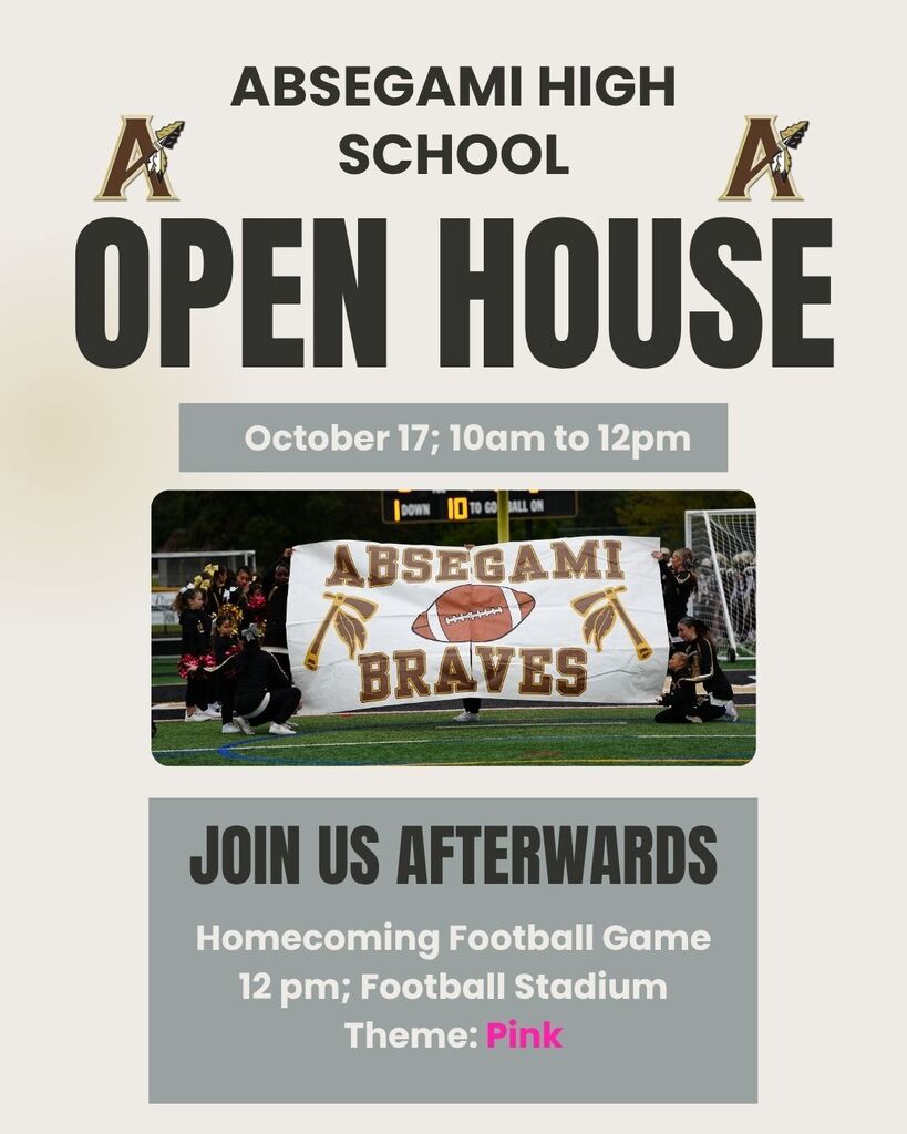 An advertisement for Absegami High School Open House on October 17 from 10am to 12pm. It features a photo of players holding a banner.