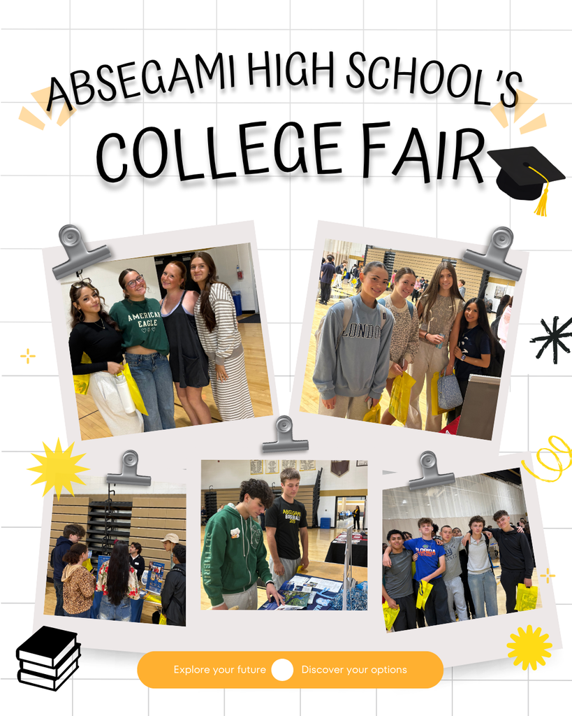 Collage of photos showing people at a high school college fair. Text reads "Absecami High School's College Fair" and icons for exploring future and discovering options.
