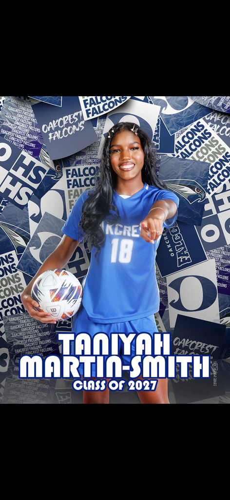 A smiling student holds a soccer ball. Behind, a wall displays a collage of Falcon mascots and text.