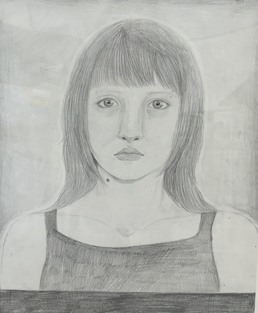 Black and white drawing of a woman with short hair and a sleeveless shirt, looking straight ahead.