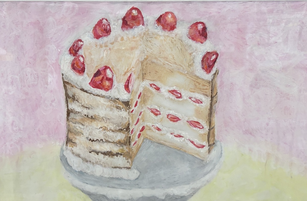 A painting of a cake with strawberries on top on a white plate against a pink and green background.