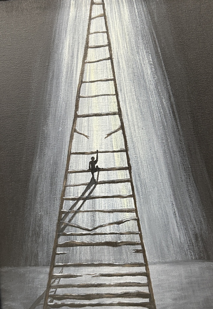 Silhouette of a person climbing up a ladder with a bright light at the top.