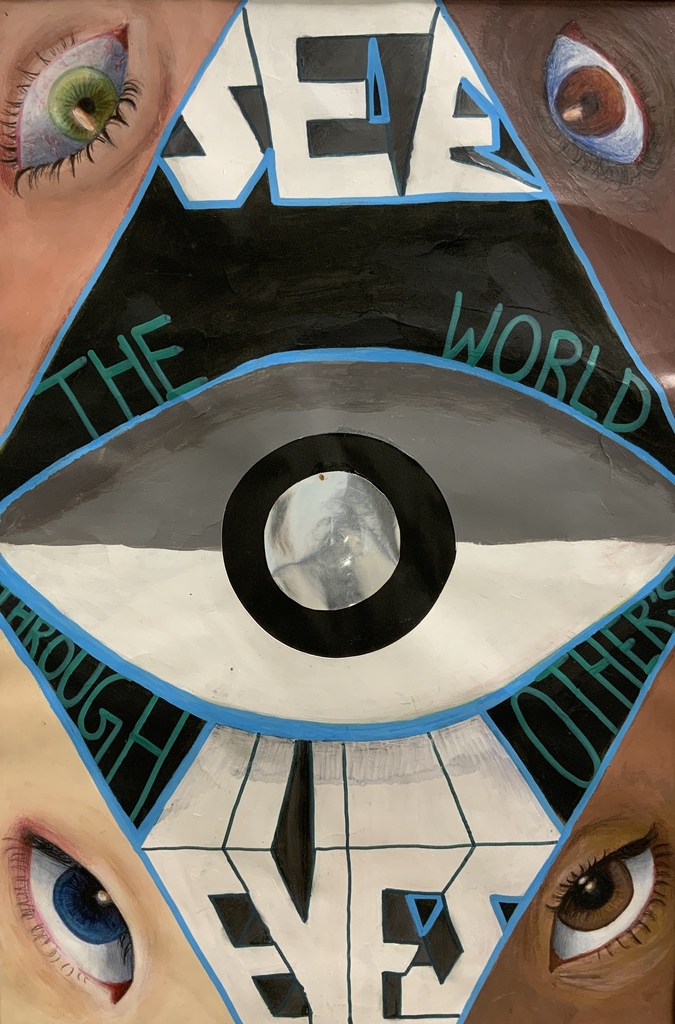 Painting of multiple eyes with a larger eye in the center. Text reads: "See the world through others' eyes."