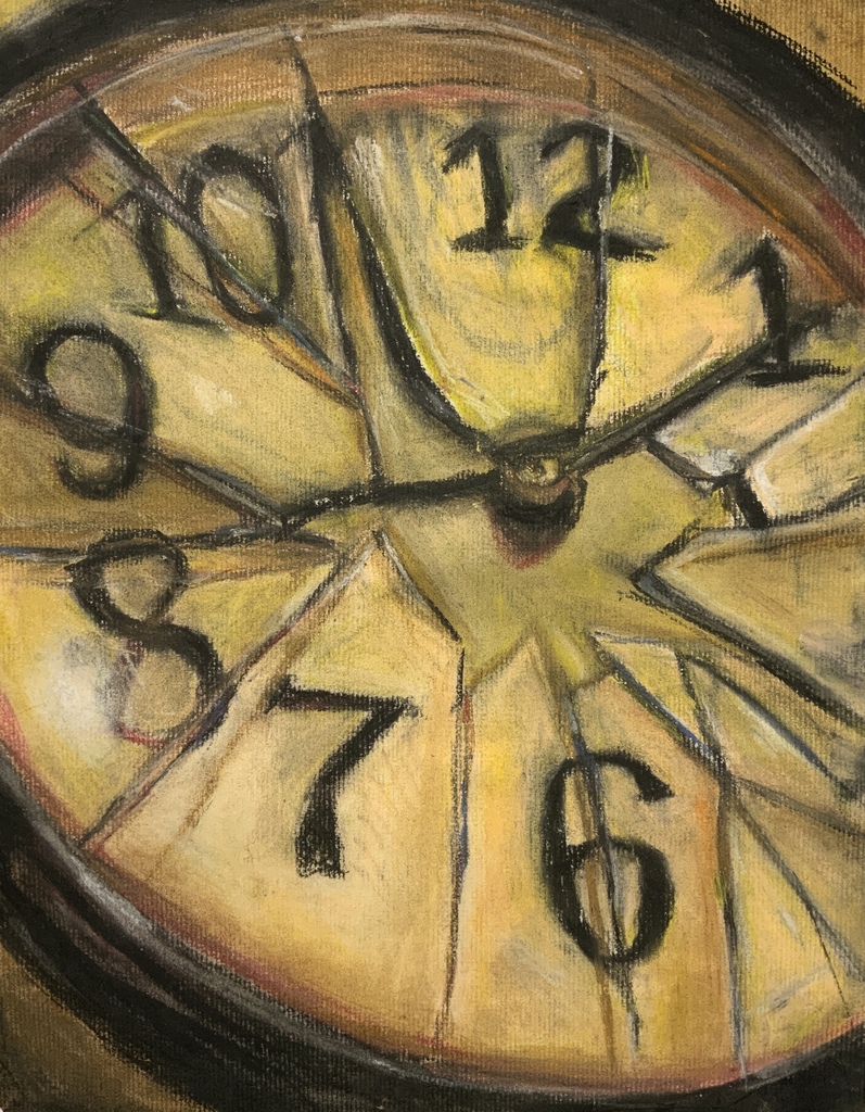 A hand-drawn clock face with numbers 1 to 12 and a cracked glass face, the hands point to numbers 7 and 10.