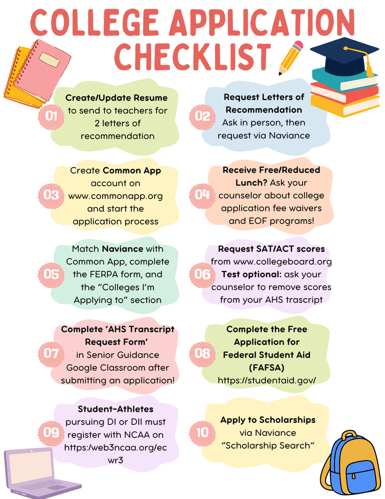 Checklist with text and symbols for college applications. Text and symbols include pencil, books, graduation cap, and laptop.