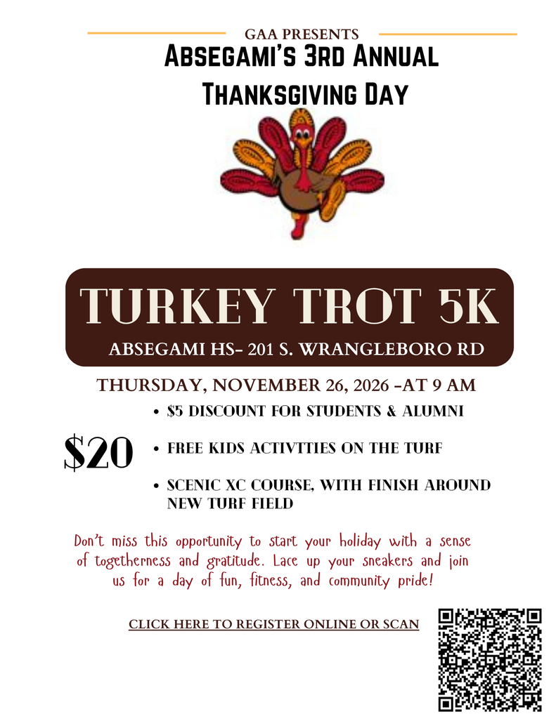 Flyer for an event. Illustration of a turkey and the title "Turkey Trot 5K" at the top.
