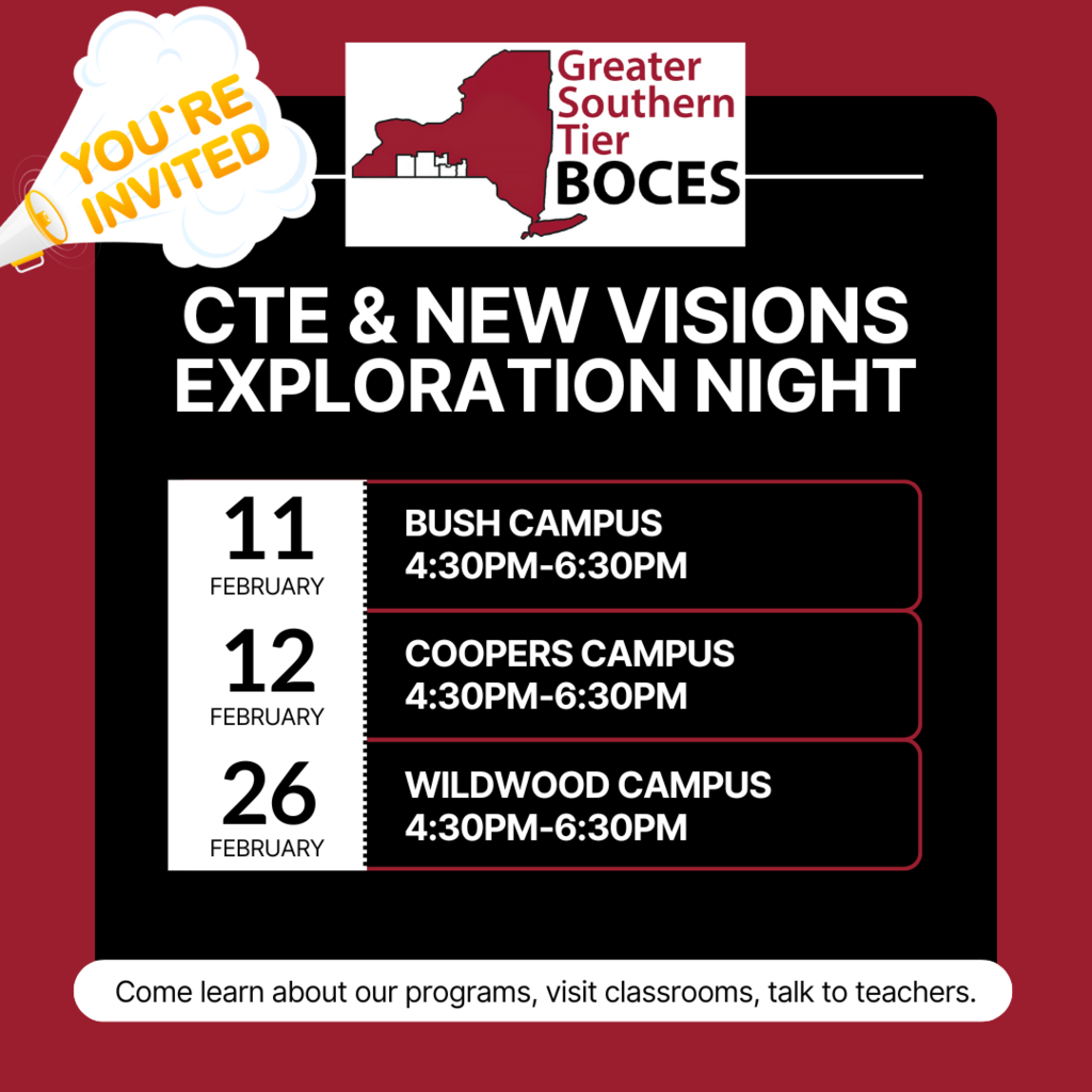 CTE and New Visions Exploration Night flyer. Contact GST BOCES for more information.