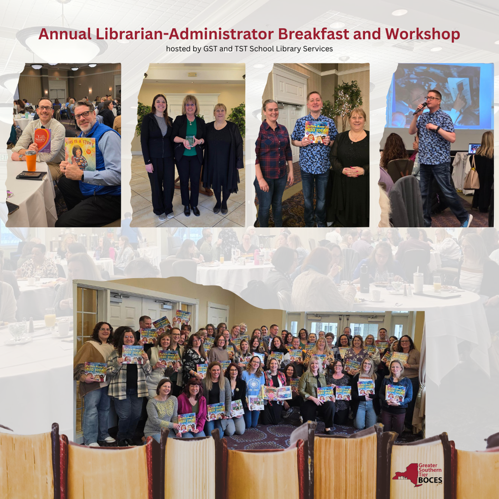 School Library Breakfast photos. Staff holding books.