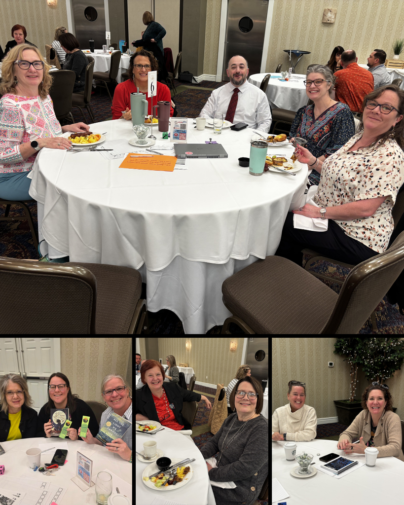 Collage of photos. Each photo has people smiling at the camera while sitting at tables.