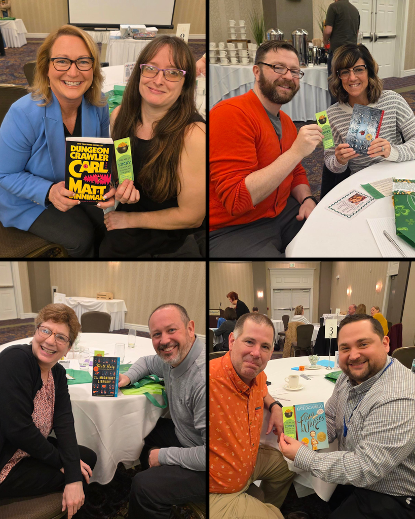 Collage of four photos. Each photo has two people in them holding up a book and smiling.