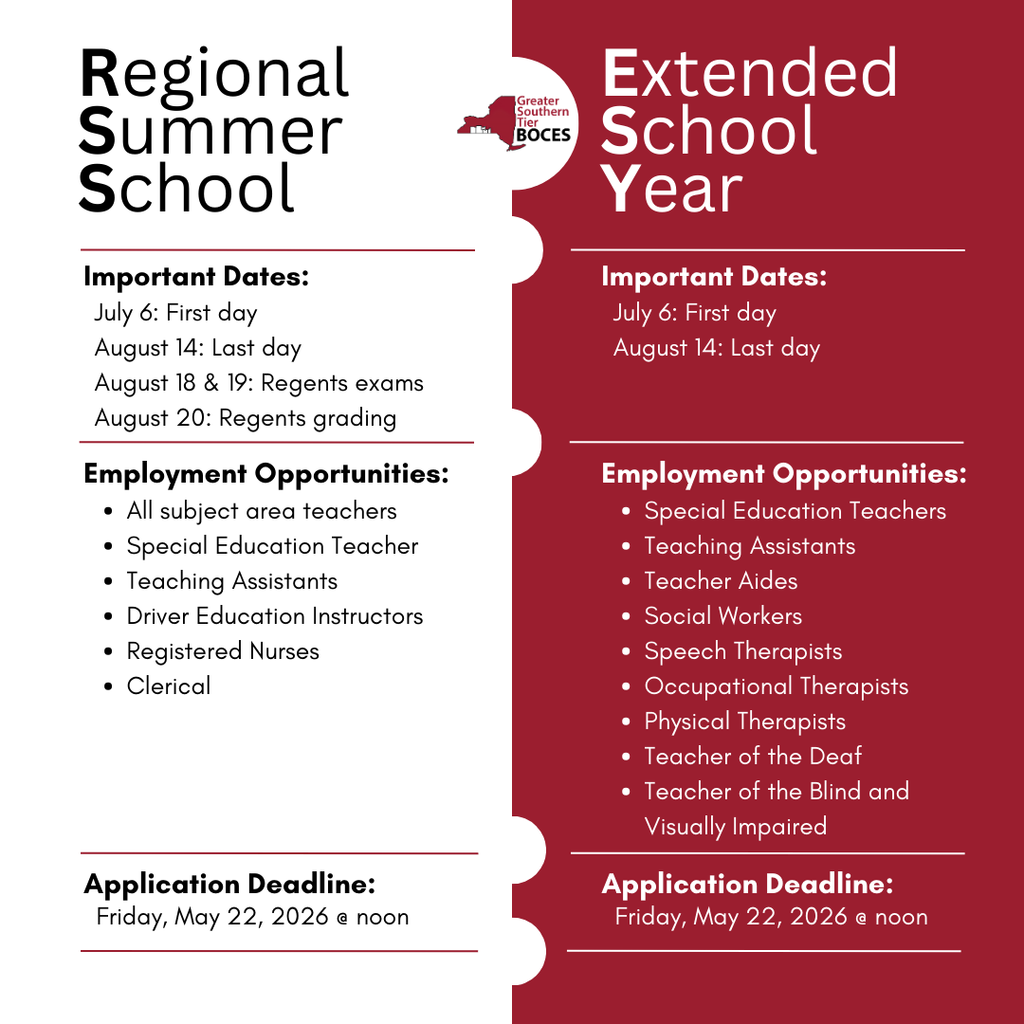 Regional Summer School and Extended School Year 2026 positions are now available. Application Deadline is May 22, 2026 at noon. 