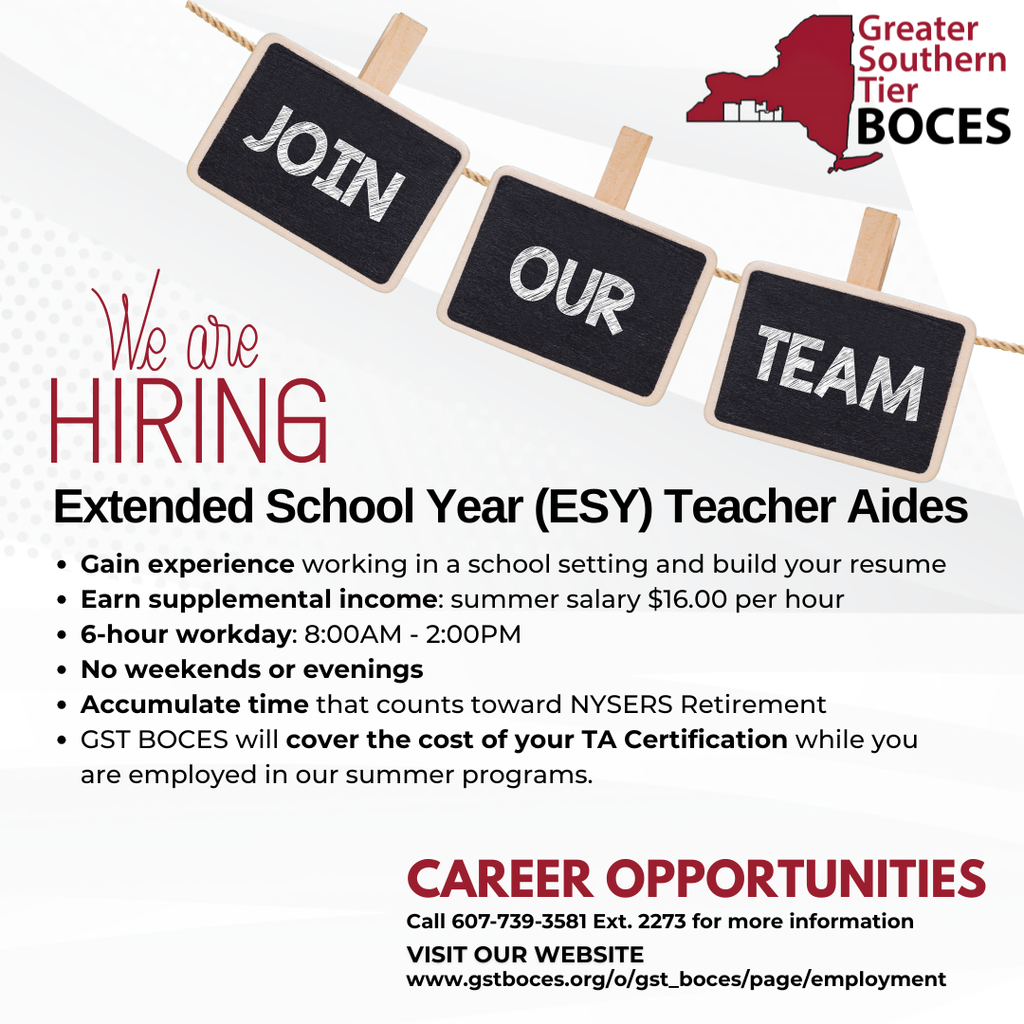 Seeking ESY Teacher Aides. Gain experience, earn supplemental income, 6-hour workday, no weekends or evenings, accumulate time toward retirement. Apply today. 