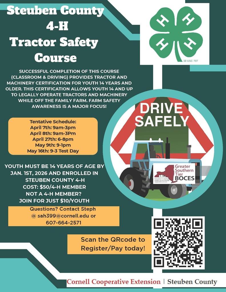 Tractor Safety Course 2026 flyer with information and an image of a tractor. Contact sah399@cornell.edu for more information.