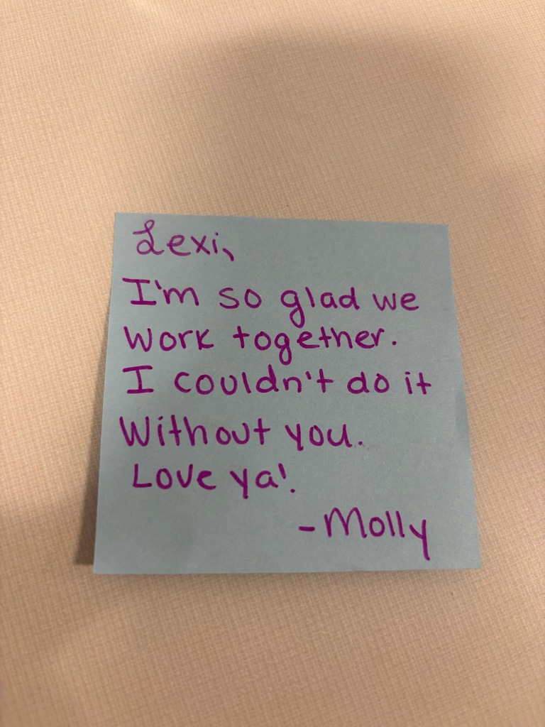 a note from a staff recognizing a peer