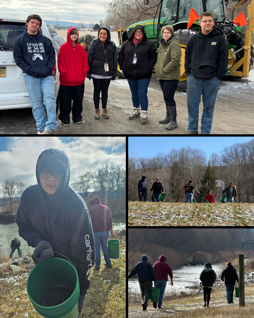 Photos of students stocking fish - going from a truck to the water with fish in their buckets.