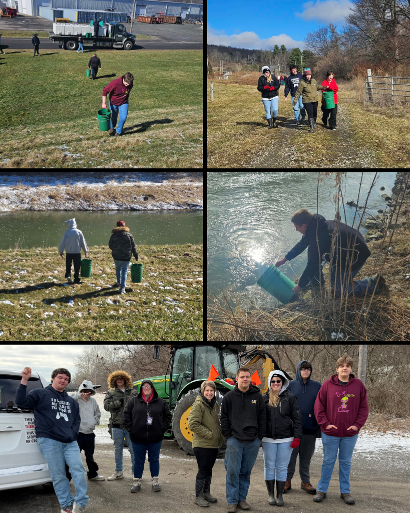 Photos of students stocking fish - going from a truck to the water with fish in their buckets.