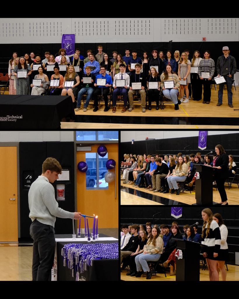 Students participating in the National Technical Honor Society Induction Ceremony. One student lighting a candle, two students speaking and a group photo of all students.
