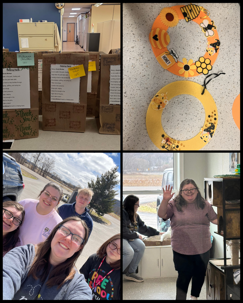 top left photo of thank you notes, top right photo of homemade paper wreaths, bottom photos of staff smiling