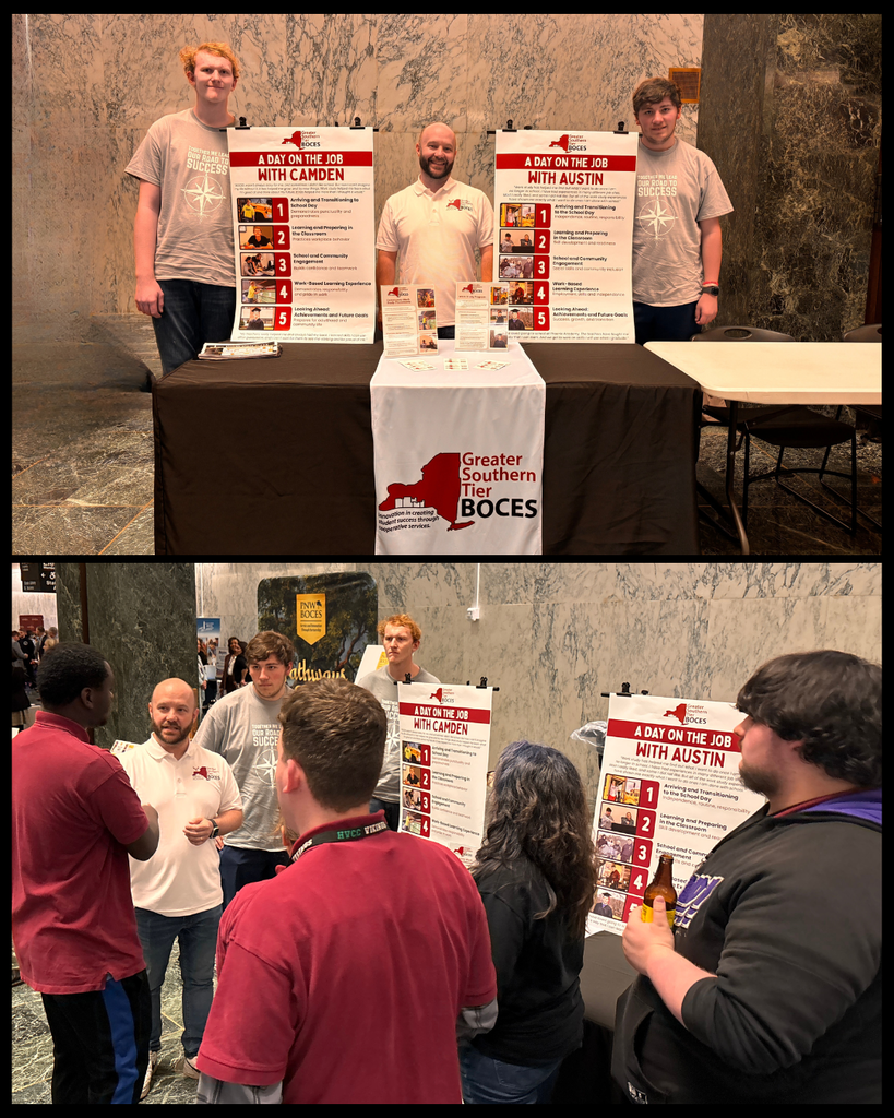 Two students and the Work Study instructor standing at the Exceptional Education table at the BOCES Expo in Albany. In the bottom photo, students are meeting other students from another BOCES.