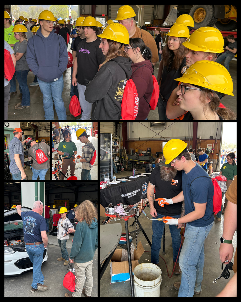 Welding students at the Try Trades event, standing at booths, seeing demonstrations, and learning hands on.