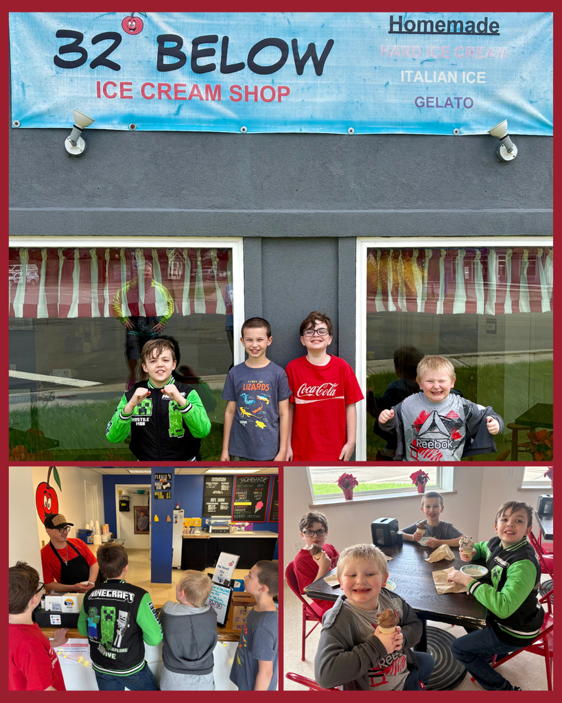 Four students enjoying ice cream at ice cream shop.