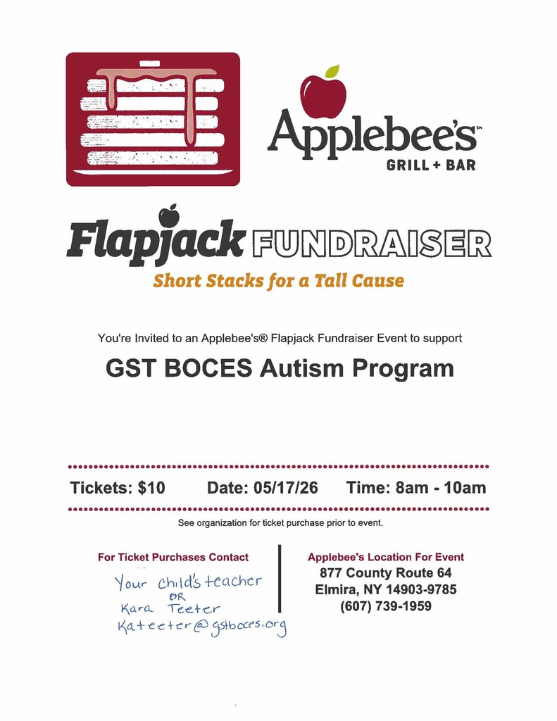Contact kateeter@gstboces.org if you're interested in supporting the ASD program with their Applebee's Flapjack Fundraiser Event at the Elmira location.