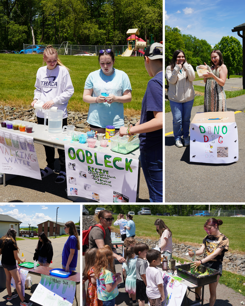 Early Childhood students showcasing their science experiments at tables for students to explore.