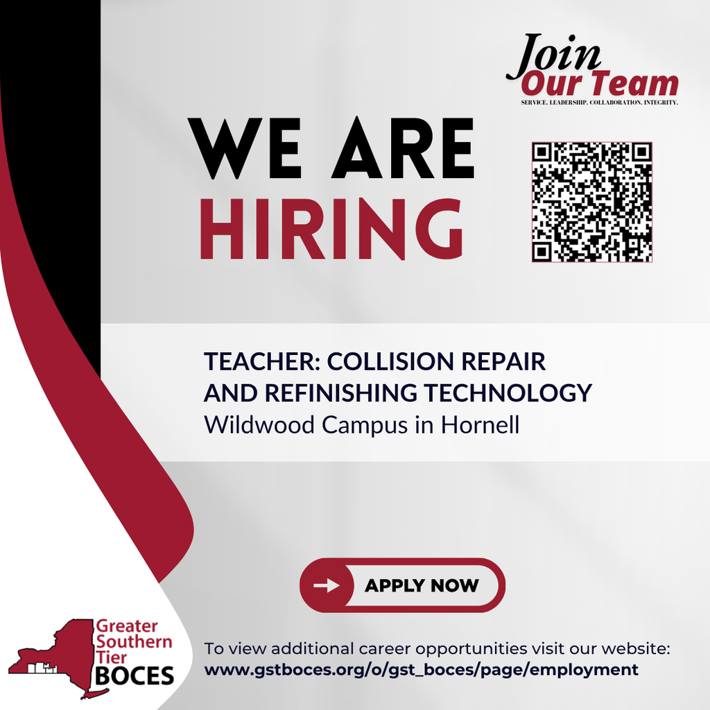 Image of a hiring post for a Collision Repair and Refinishing Technology teacher at Wildwood Campus in Hornell