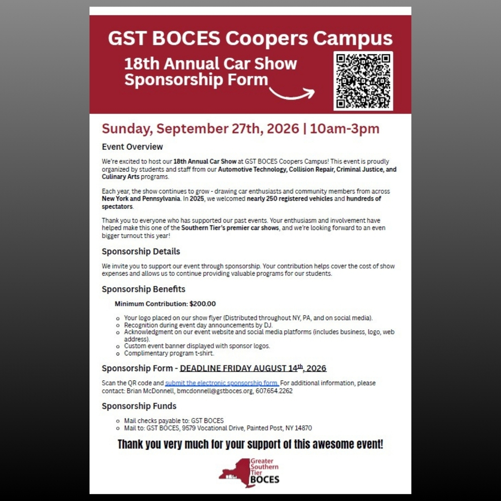 Image of a poster regarding sponsorships for the GST BOCES 18th annual car show