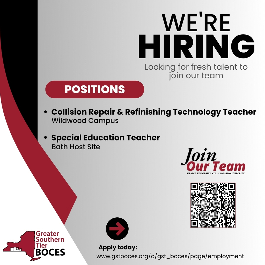 Image of a hiring post for positions within GST BOCES (Collision Repair & Refinishing Technology Teacher and Special Education Teacher)