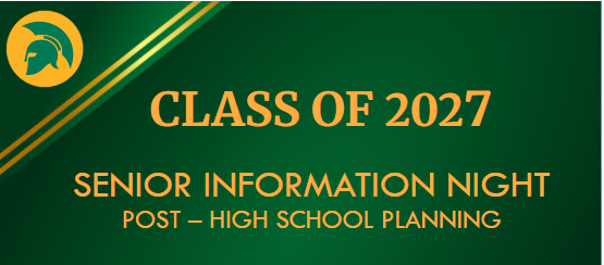 Green background with class of 2027 senior information night post high school planning