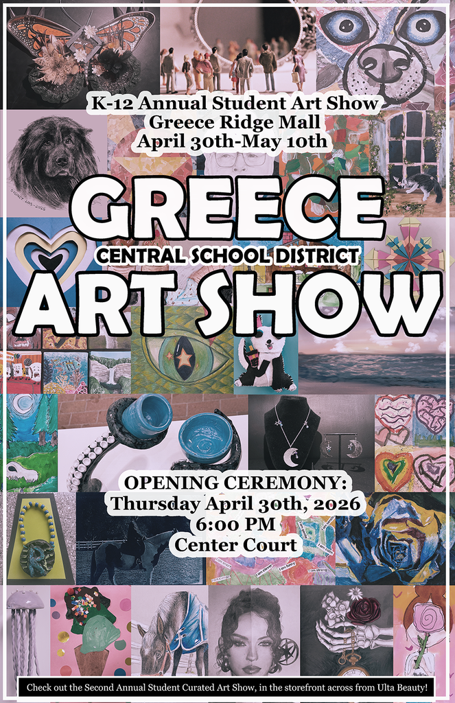 student art show at the mall poster with student artwork for the background