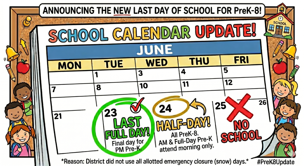 Calendar with June dates, highlighting June 24 as the last full day and June 25 as a half-day.