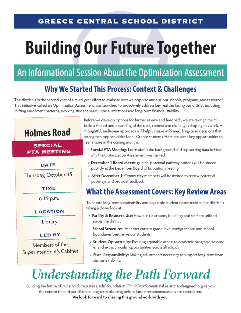 Document with "Building Our Future Together" title. Details include date, time, location, and leaders. It discusses an informational session about the optimization assessment.