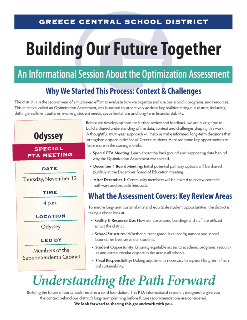 An informational session about the optimization assessment with "Building Our Future Together" as the title, and a blue border.