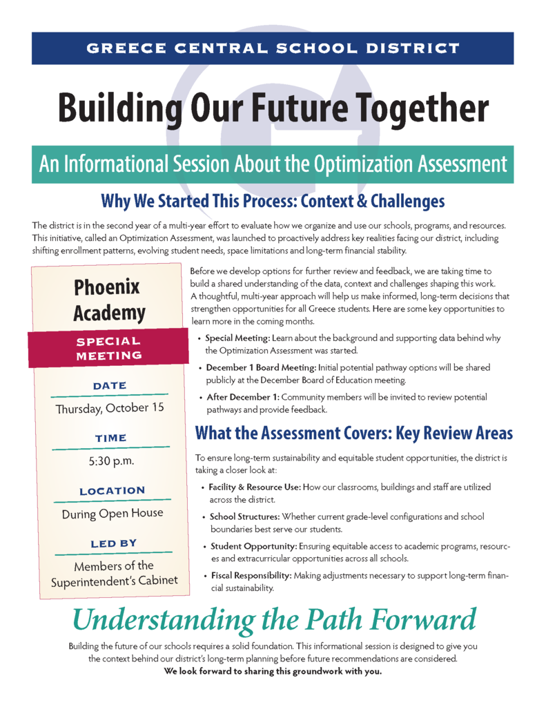 A page from a document reads "Building Our Future Together: An Informational Session About the Optimization Assessment." Sections include date, time, location, and leaders.